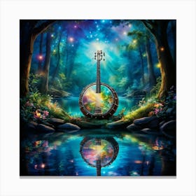 Enchanted Forest Scene With A Banjo Floating On A Still Body Of Water Reflections Forming A Kaleido (1) Canvas Print