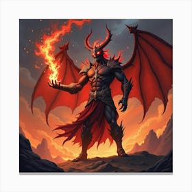 Demon King Casting Dark Magic In Fiery Lands, Colorful 1 Canvas Print