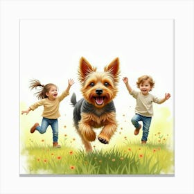 A Playful Yorkshire Terrier Running With Children In A Grassy Field, Watercolor 1 Canvas Print