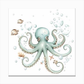 Storybook Style Octopus With Puffer Fish Canvas Print