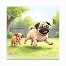 A Lively Pug Chasing A Butterfly With A Family In A Sunny Yard, Watercolor 1 Canvas Print