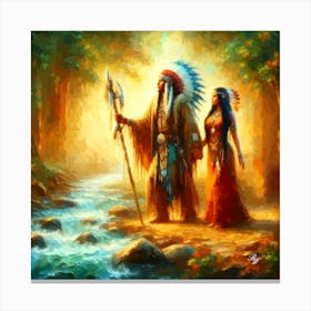 Oil Texture Native American Couple By Stream 11 Copy Canvas Print