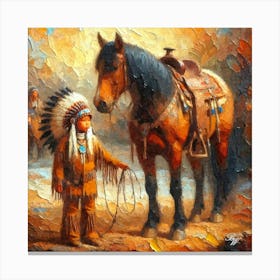 Young Native American Youth With Horse Oil Texture Canvas Print