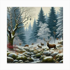 Deer And Trees In The Snow, Acrylic Painting Style Canvas Print