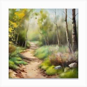 Path In The Woods.A dirt footpath in the forest. Spring season. Wild grasses on both ends of the path. Scattered rocks. Oil colors.25 Canvas Print