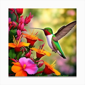 Ruby Throated Hummingbird Wings Vibrating Hastily As It Sips Nectar From A Myriad Of Vibrant Flower 327434654 (1) Canvas Print