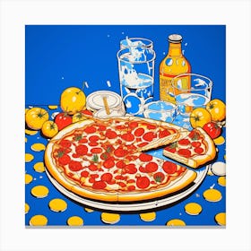 Pizza Cartoon Illustration Blue Checkerboard Canvas Print