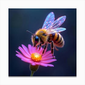 A Whimsical Bee With Wings Of Cascading, Neon Light Hovering Over A Mystical Flower Canvas Print