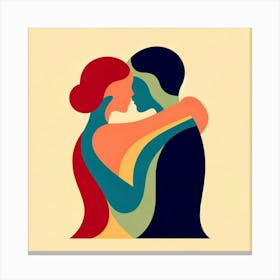 Title: "Embrace in Color"  Description: "Embrace in Color" is an artwork that encapsulates the warmth of human connection through abstract forms and a vibrant color palette. The interlocking shapes of the two figures demonstrate a harmonious union, while the choice of colors reflects the depth and diversity of human emotions. This piece symbolizes inclusivity and love, resonating with a broad audience and making it a compelling addition to any contemporary art collection. Canvas Print
