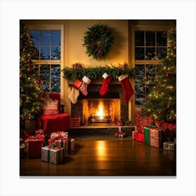 A Convivial Christmas Scene A Roaring Hearth Fireplace Illuminating The Room A Lush Evergreen Chri (4) Canvas Print