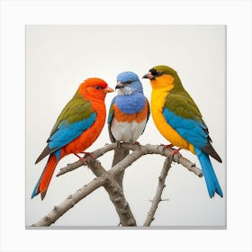 Three Birds Perched On A Branch Canvas Print