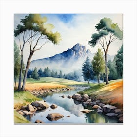 Watercolor Of A Mountain Stream Canvas Print