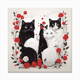 Black Cats With Roses Canvas Print