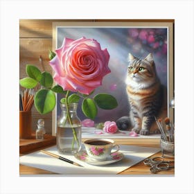 Cat And Rose Canvas Print