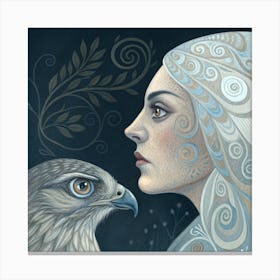 ENCHANTED CONNECTION OF A WOMAN AND A HAWK WITH INTRICATE PATTERNS Canvas Print