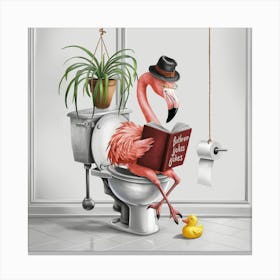 Flamingo Reading On Toilet (3) Canvas Print