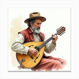 Watercolor Scene Of An Italian Musician Playing A Traditional Mandolin Canvas Print