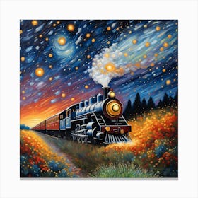 Train At Night.Starry Night Express: A Journey Through Blooming Fields in Cosmic Splendor WALL ART Canvas Print