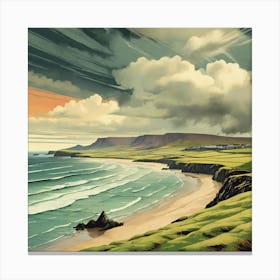 Stormy And Rainy Ireland Retro Landscape Beach And Co Canvas Print