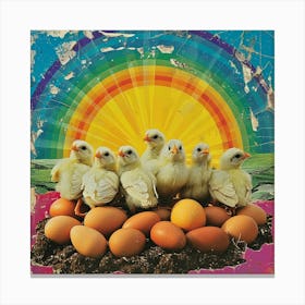 Rainbow Retro Collage Chicks & Eggs 1 Canvas Print
