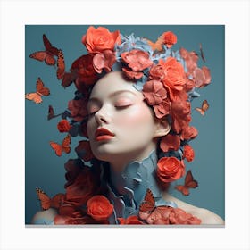 Beautiful Woman With Flowers And Butterflies Canvas Print