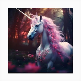 white unicorn with a long mane in a mystical fairytale forest, mountain dew, fantasy, mystical forest, fairytale, beautiful, purple pink and blue tones, dark yet enticing, Nikon Z8 Canvas Print