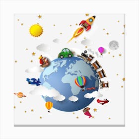Earth With Cars And Airplanes Canvas Print