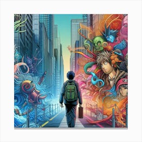 Boy Walking Down A City Street Canvas Print