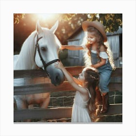 Two Girls Petting A Horse Canvas Print