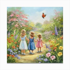 Three Little Girls In The Garden Canvas Print