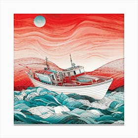 Hand Drawn Illustration Of A Boat Gently Swaying On The Undulating Sea Of Artificial Intelligence I Canvas Print