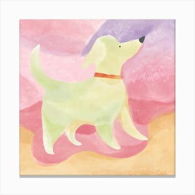 Watercolor: white dog, red collar, beach, pink, purple Canvas Print