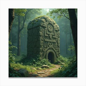 Ancient Runes Carved Into A Massive, Mystical Stone In An Overgrown Forest 1 Canvas Print