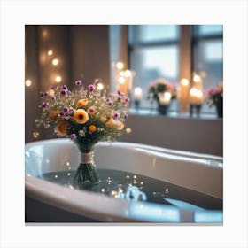 Bath With  bouquet of Flowers, lit candles  Canvas Print