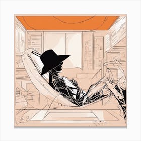 A Silhouette Of A Man Wearing A Black Hat And Laying On Her Back On A Orange Screen, In The Style Of (6) Canvas Print