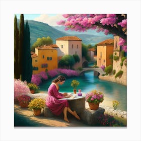 Girl Writing By A River Canvas Print