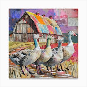 Kitsch Geese Collage Outside Barn 2 Canvas Print