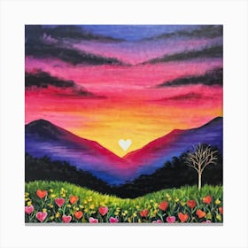 A Painting Of A Fantastical Twilight Landscape Where A Blazing Red And Pink Sun Sets Behind Towerin Canvas Print