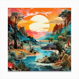 Sunset In The Desert, A Vibrant Collage Of Different Ecosystems Deserts Forests Oceans Seamlessly Blending Together Canvas Print