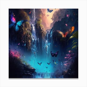 Landscape of Waterfall With Butterflies in tropical colors Canvas Print