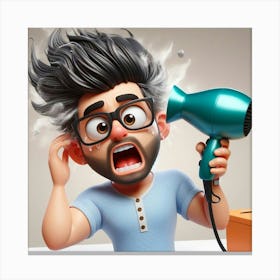 Cartoon Man Blow Drying His Hair Canvas Print