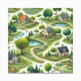 Summer Green Village On White Canvas Print