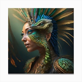 Firefly A Modern Illustration Of A Fierce Native American Warrior Peacock Iguana Hybrid Femme Fatale Canvas Print