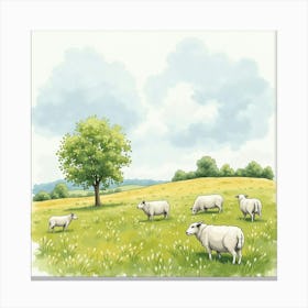 A Peaceful English Countryside With Grazing Sheep, Captured In Watercolor 1 Canvas Print