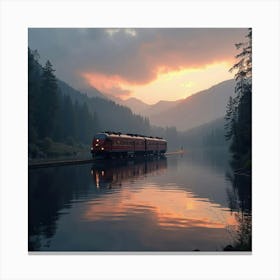 Elegant Train Gliding Across A Tranquil Lake At Twilight 1 Canvas Print