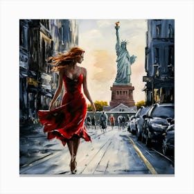 Oil Painting Woman with Statue of Liberty Canvas Print