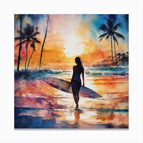 Surfer Girl At Sunset Canvas Print