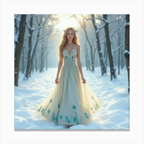 Beautiful Lady In Watercolor Dress, Serene Snowy Forest 1 Canvas Print