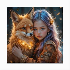 little girl with enchanting baby blue, purple, and rose-toned hair. She has light blue eyes that radiate wonder and innocence as she embraces a majestic ethereal orange fox. Stampe su tela