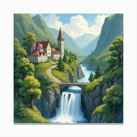 Watercolor View Of Rivendell, Elven Buildings Surrounded By Waterfalls Canvas Print